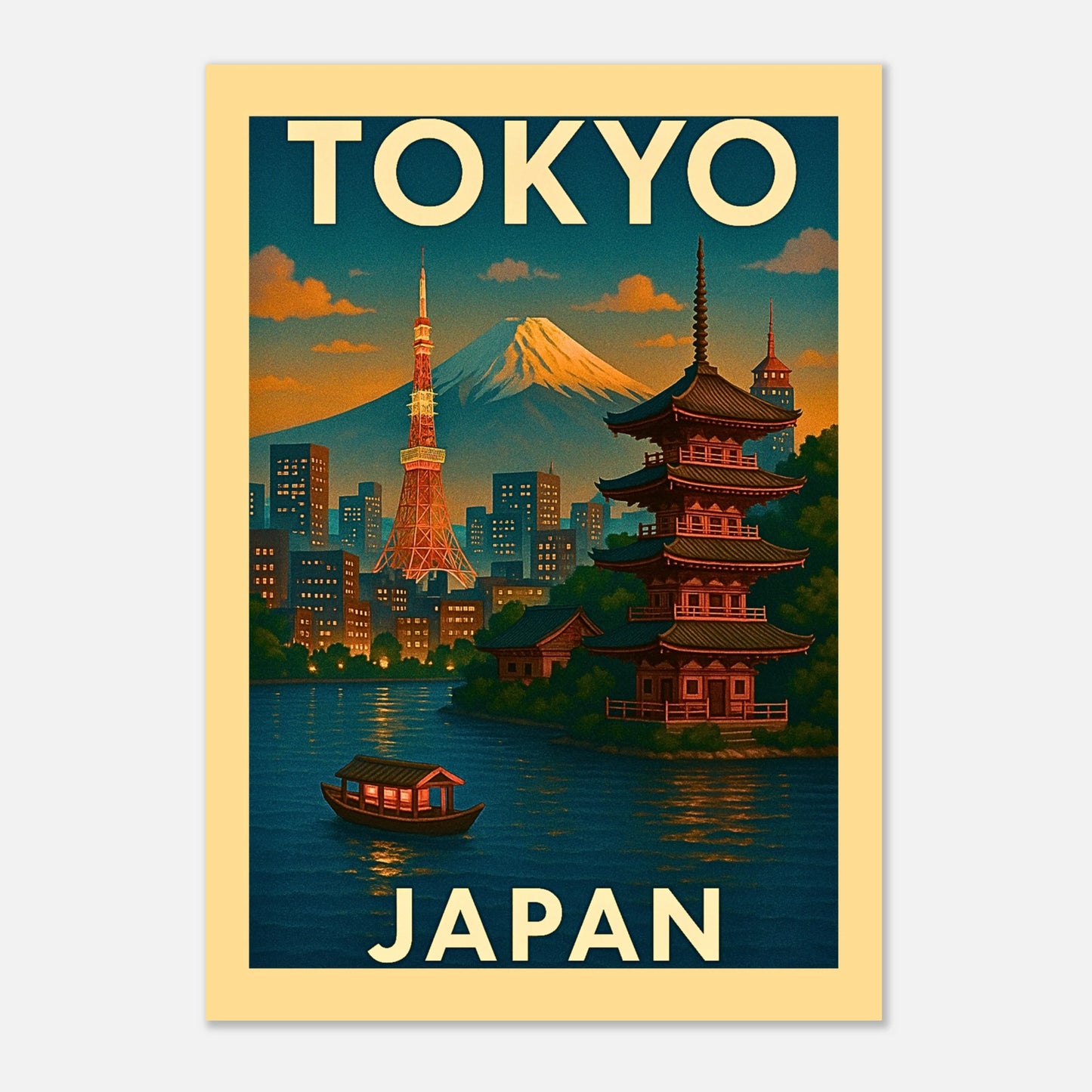Tokyo Japan Poster mit Rahmen – Retro Wanddeko im Vintage-Stil, Kunstdruck auf hochwertigem FSC-Papier