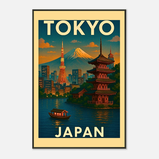 Vintage Tokyo Japan wall art poster in black metal frame with pagoda temples, Mount Fuji skyline and classic travel illustration style