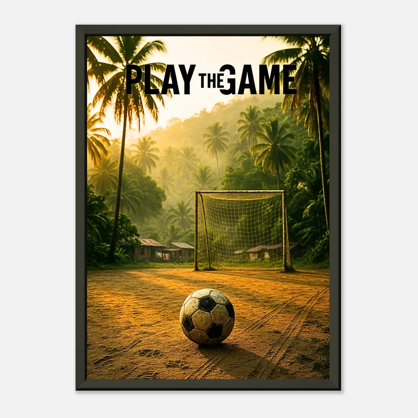 Tropisches Fußball Kunstposter „Play the Game“ | Schwarzer Metallrahmen | Sonnenuntergang über Spielfeld und Ball | DEFA Designs