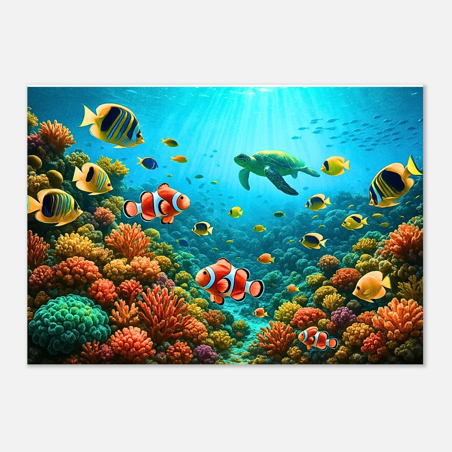 Hochwertige Nahaufnahme des Posters „Life Beneath the Waves“ mit tropischen Fischen und leuchtenden Korallen – detailreiche Wohnzimmerdeko.