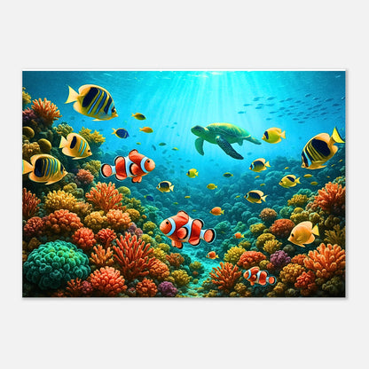 Hochwertige Nahaufnahme des Posters „Life Beneath the Waves“ mit tropischen Fischen und leuchtenden Korallen – detailreiche Wohnzimmerdeko.
