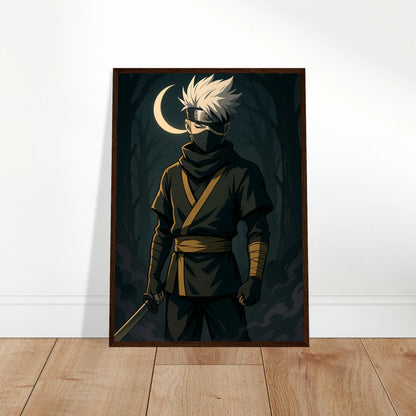 TSUKI KAGE Poster an die Wand gelehnt – Samurai unter dem Sichelmond in goldener Ruhe. Ausdrucksstarke Anime-Kunst mit moderner, mystischer Atmosphäre.