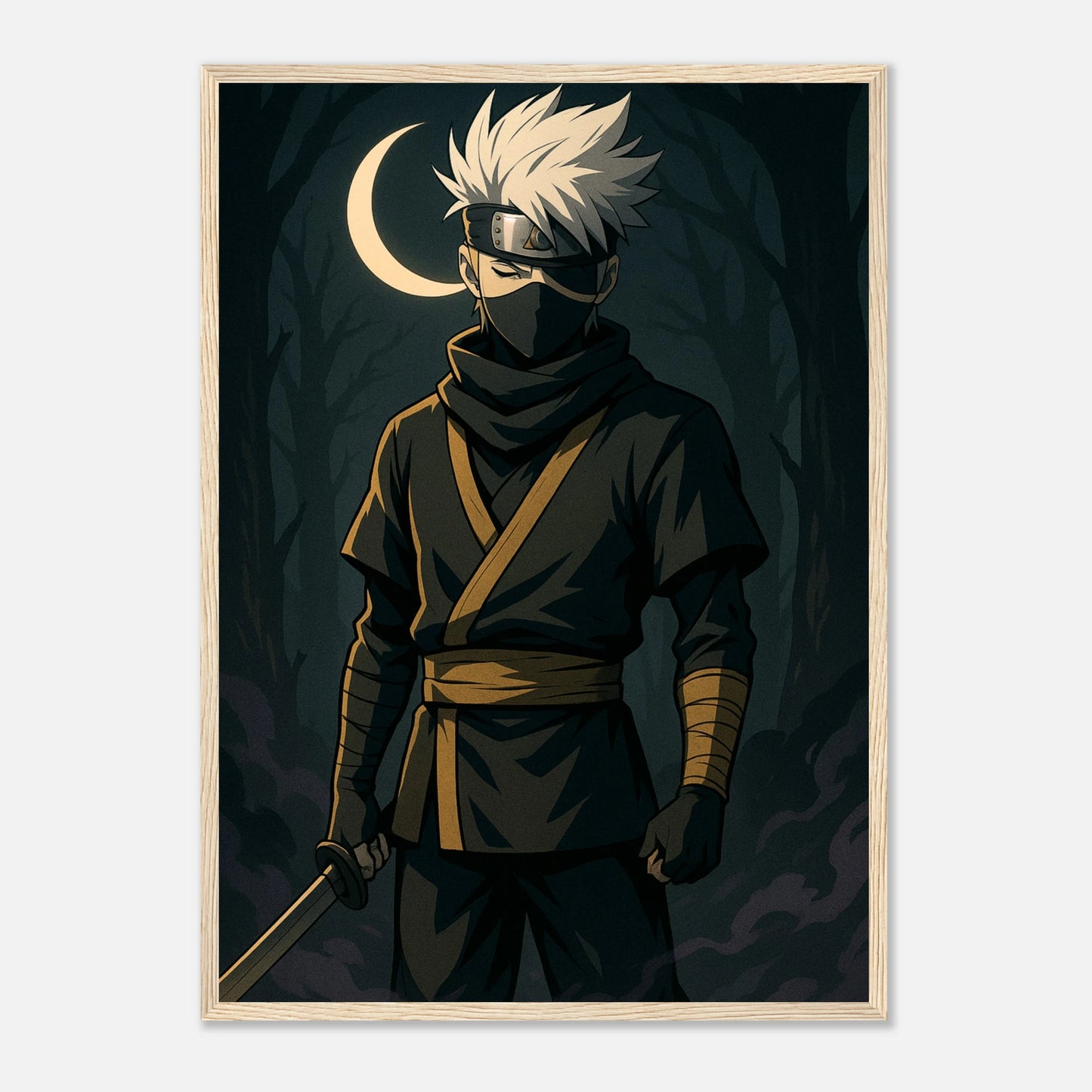 TSUKI KAGE Poster im hellbraunen Holzrahmen – ruhiger Samurai unter dem Mondlicht. Edles Anime-Wandbild mit goldenen Akzenten und mystischer Energie von Defa Designs.