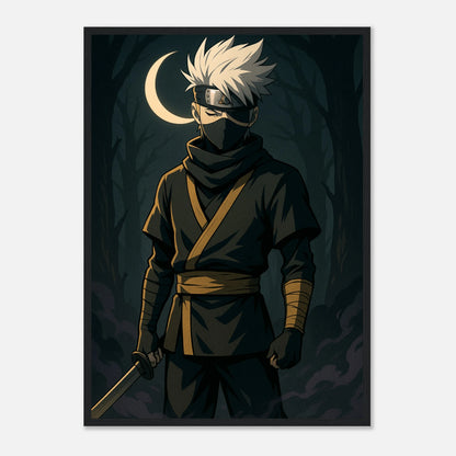 TSUKI KAGE Poster im schwarzen Rahmen – Samurai-Anime-Design mit goldener Aura und Mondschein. Japanisch inspirierte Wandkunst mit minimalistischer Kraft.
