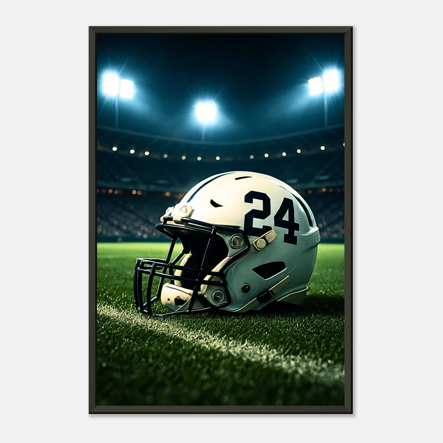 „Under the Lights“ – Sportkunst mit Football-Helm bei Nachtspiel im Stadion | Premium-Poster im schwarzen Rahmen | DEFA Designs