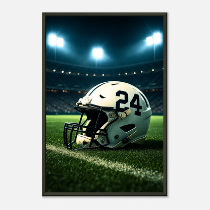 „Under the Lights“ – Sportkunst mit Football-Helm bei Nachtspiel im Stadion | Premium-Poster im schwarzen Rahmen | DEFA Designs