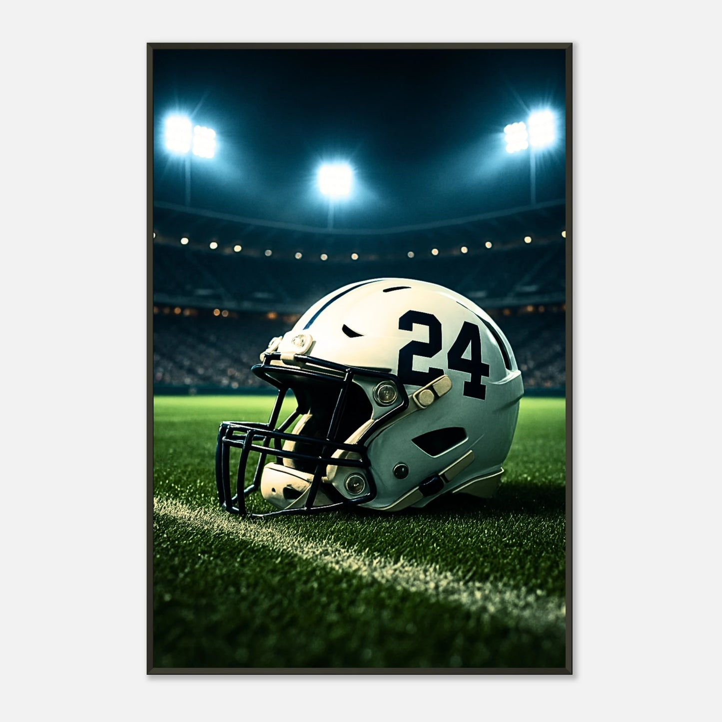 Hochwertiges Football-Poster „Under the Lights“ – Helm auf grünem Spielfeld im Lichtschein | DEFA Designs