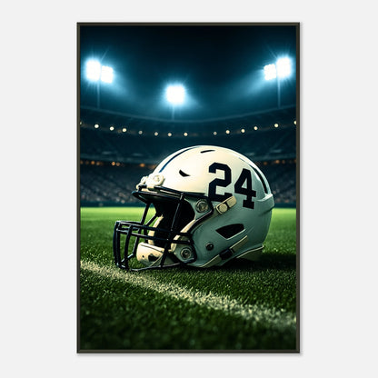 Hochwertiges Football-Poster „Under the Lights“ – Helm auf grünem Spielfeld im Lichtschein | DEFA Designs