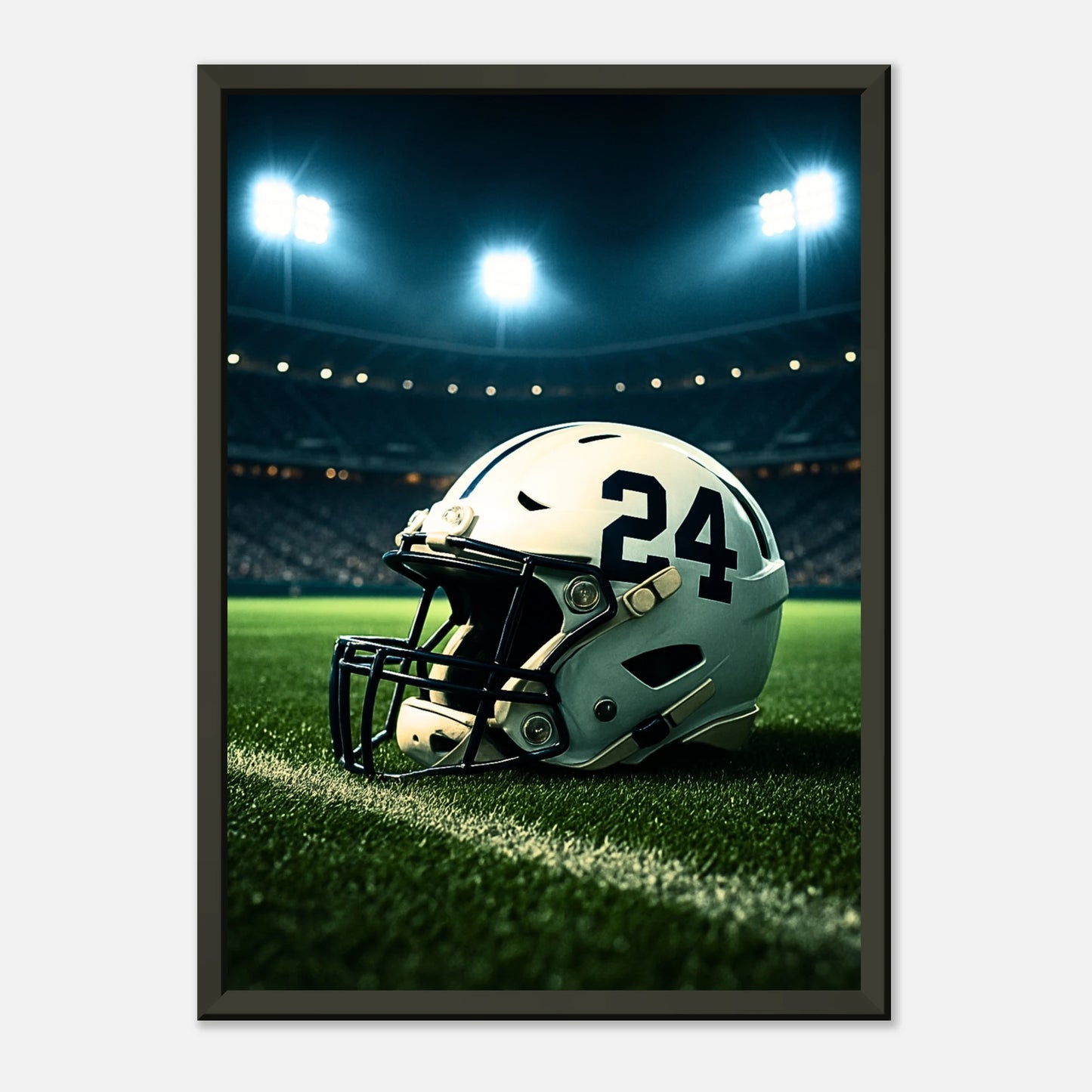 American-Football-Poster „Under the Lights“ – Helm mit Nummer 24 auf Spielfeld unter hellen Lichtern | Schwarzer Metallrahmen | DEFA Designs