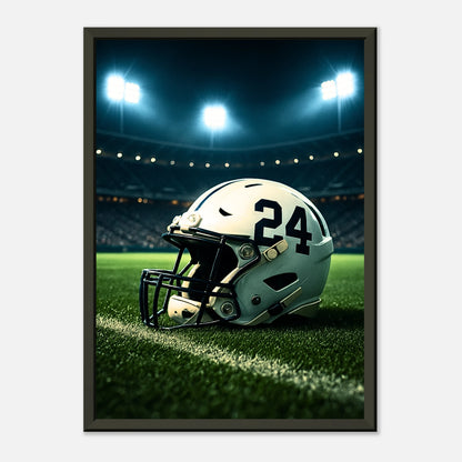 American-Football-Poster „Under the Lights“ – Helm mit Nummer 24 auf Spielfeld unter hellen Lichtern | Schwarzer Metallrahmen | DEFA Designs