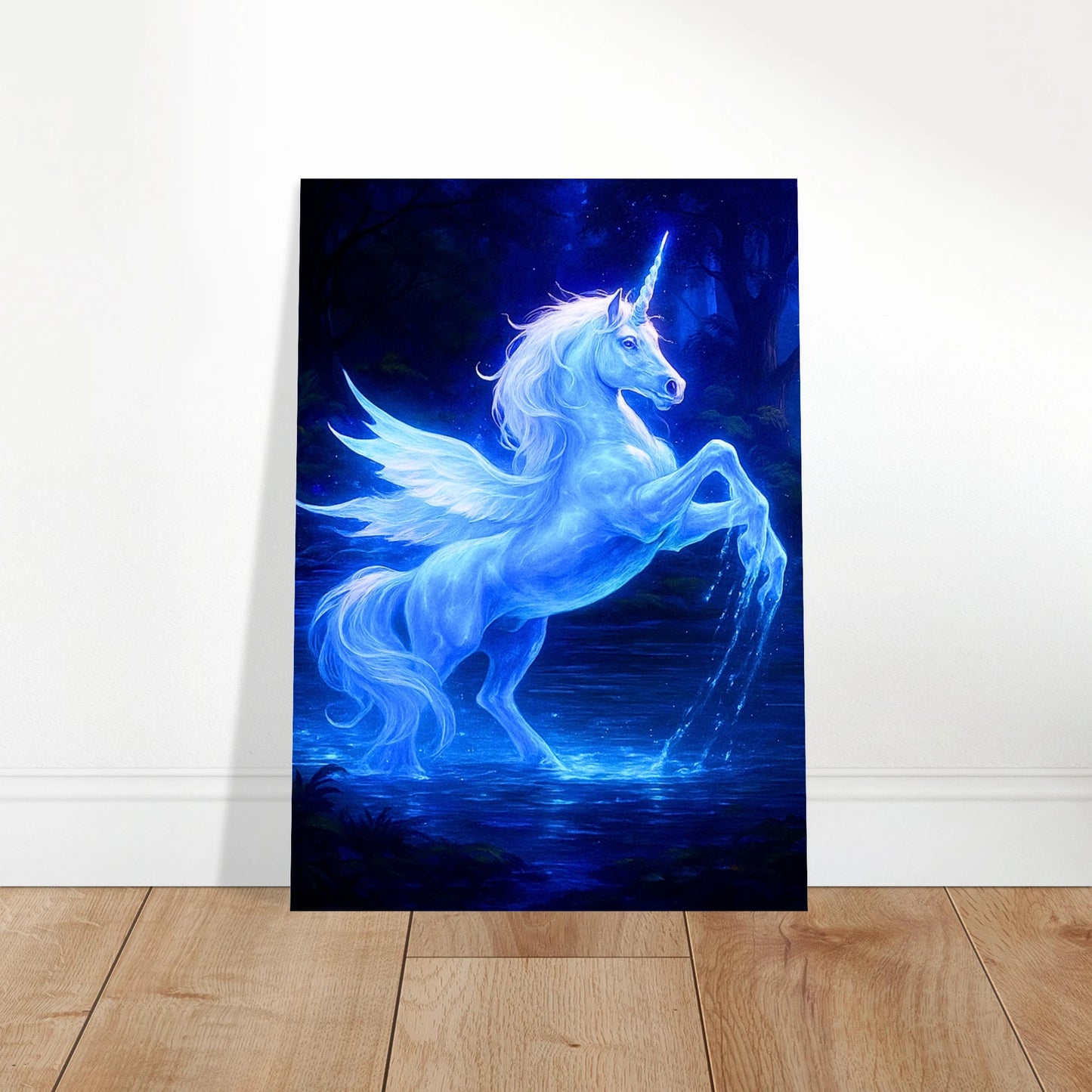 Mystical Blue Unicorn Poster – blaues Einhorn Kunst-Print als dekoratives Wandposter