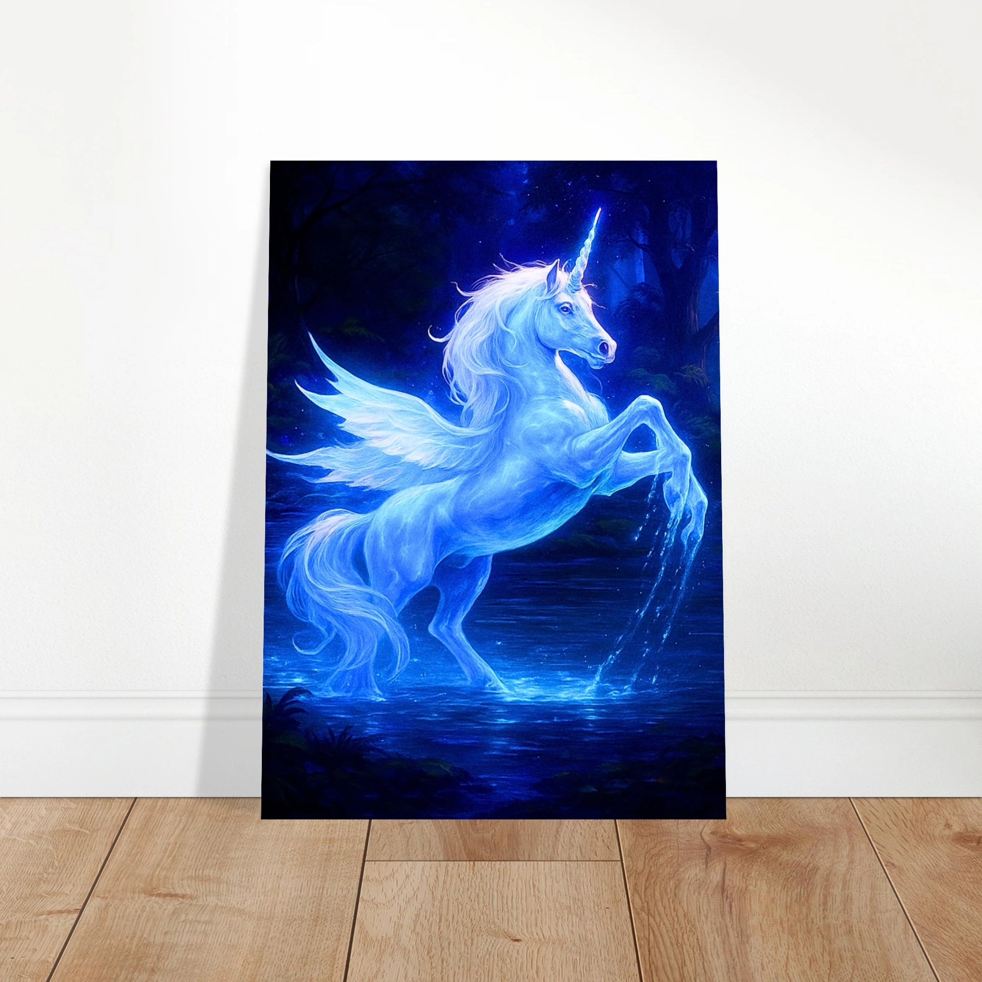 Mystical Blue Unicorn Poster – blaues Einhorn Kunst-Print als dekoratives Wandposter