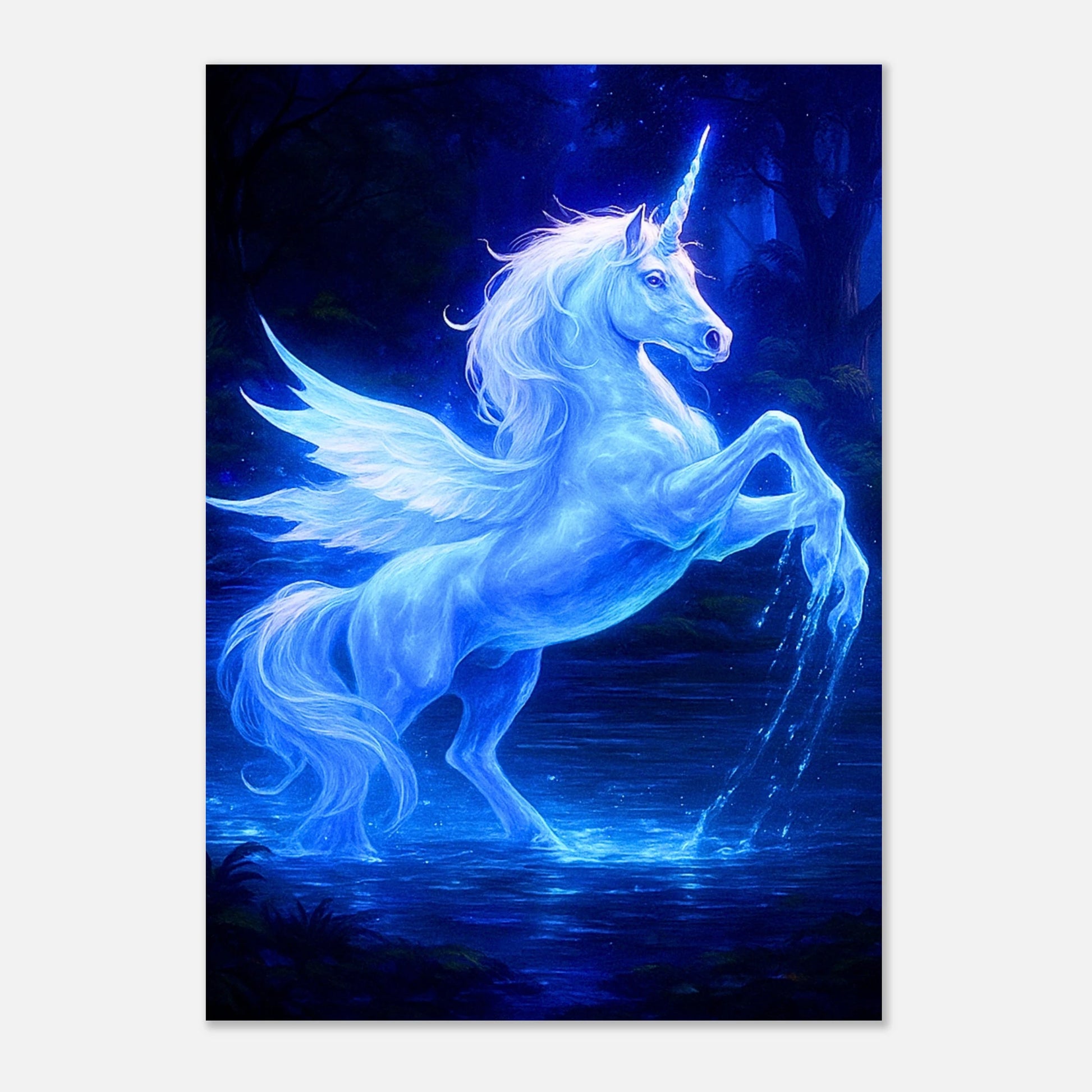 Blaues Einhorn Poster – Mystical Unicorn Fantasy Art Wandbild für Kinderzimmer und Wohnzimmer