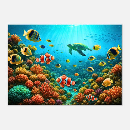 Unterwasser-Poster mit Ozean-Szene, bunten Korallen und exotischen Fischen – Kunstprint für Meerliebhaber und maritime Dekoration.