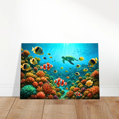 Wandbild „Life Beneath the Waves“ als Wohnzimmer-Dekoration – farbenfrohes Unterwasser-Motiv für moderne Wohnräume.
