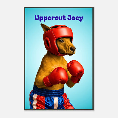 Detailaufnahme des Uppercut Joey Posters – fokussierter Hund mit roten Boxhandschuhen, gestochen scharfer Kunstdruck in lebhaften Farben.