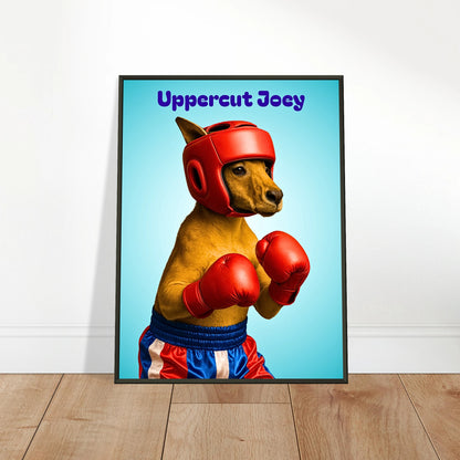 Uppercut Joey Poster an die Wand gelehnt – charmanter Hund mit Boxhandschuhen, humorvolles Motiv mit starkem Charakter.