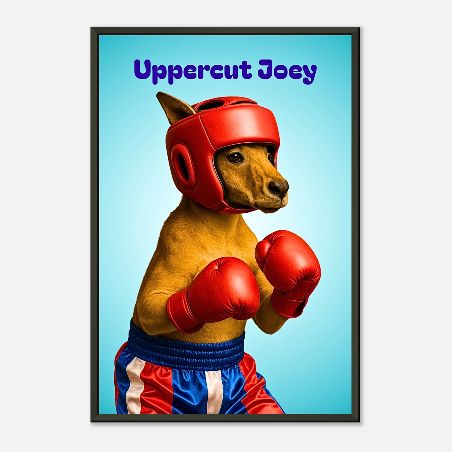 Seitenansicht des Uppercut Joey Posters – Hund mit Boxhandschuhen im schwarzen Metallrahmen, kräftige Farben und dynamische Pose.