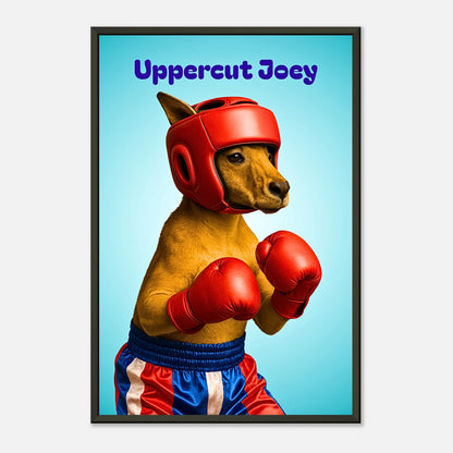 Seitenansicht des Uppercut Joey Posters – Hund mit Boxhandschuhen im schwarzen Metallrahmen, kräftige Farben und dynamische Pose.
