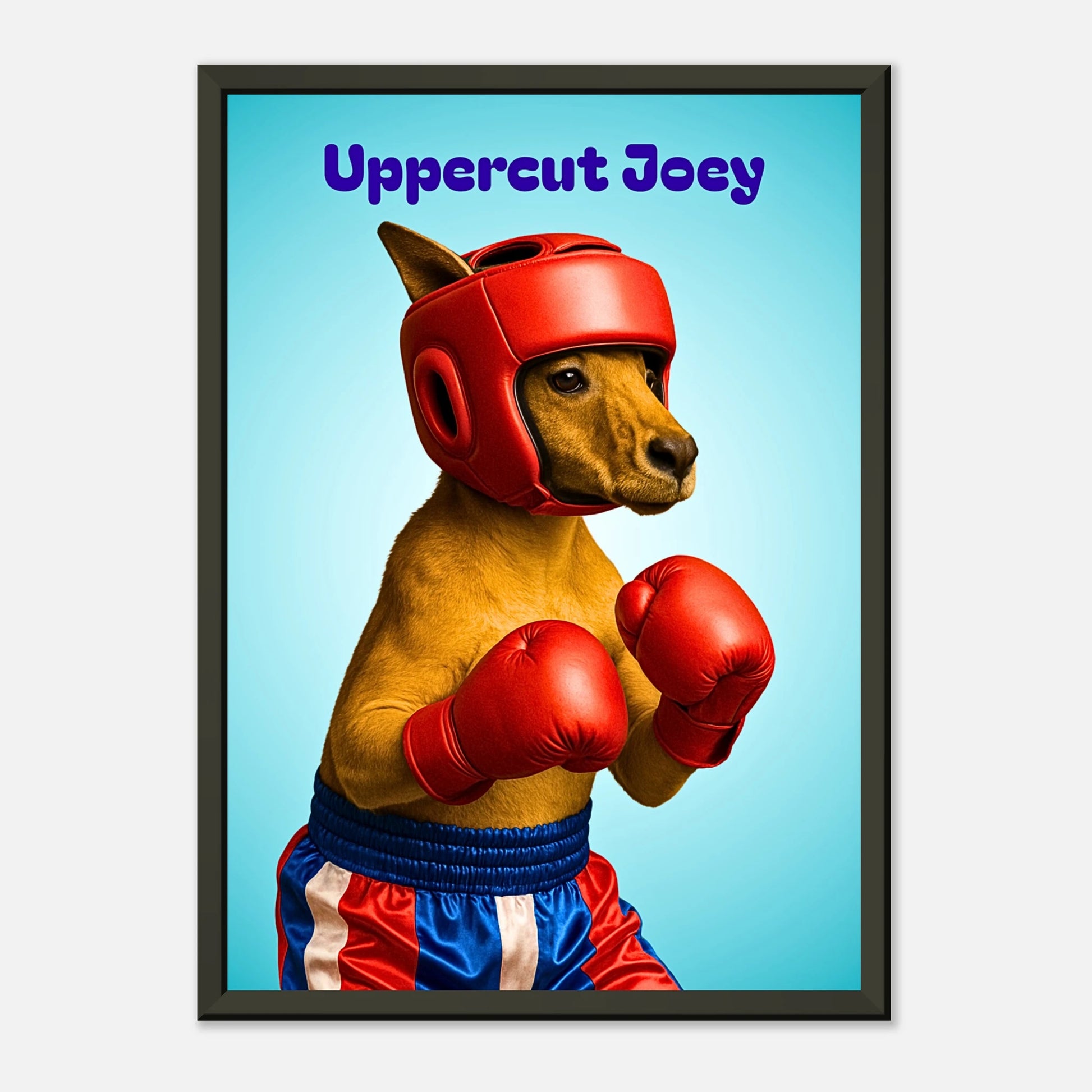 Schrägansicht des Uppercut Joey Posters – humorvolles Tiermotiv mit realistischer Textur, glänzende Oberfläche im schwarzen Metallrahmen.