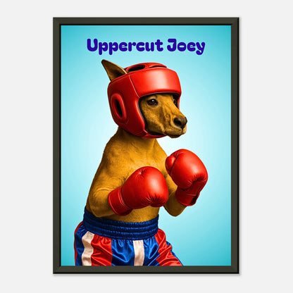 Schrägansicht des Uppercut Joey Posters – humorvolles Tiermotiv mit realistischer Textur, glänzende Oberfläche im schwarzen Metallrahmen.