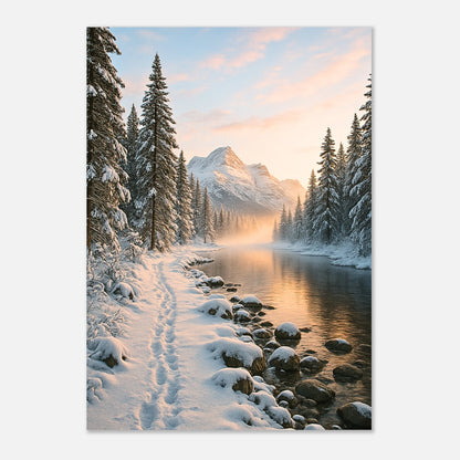 „Kunstdruck einer verschneiten Winterlandschaft mit Sonnenaufgang und Spiegelung im Wasser“