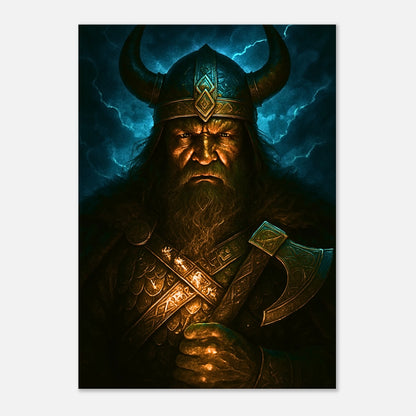 Viking warrior in armor holding axe, fantasy wall art print with dramatic storm background