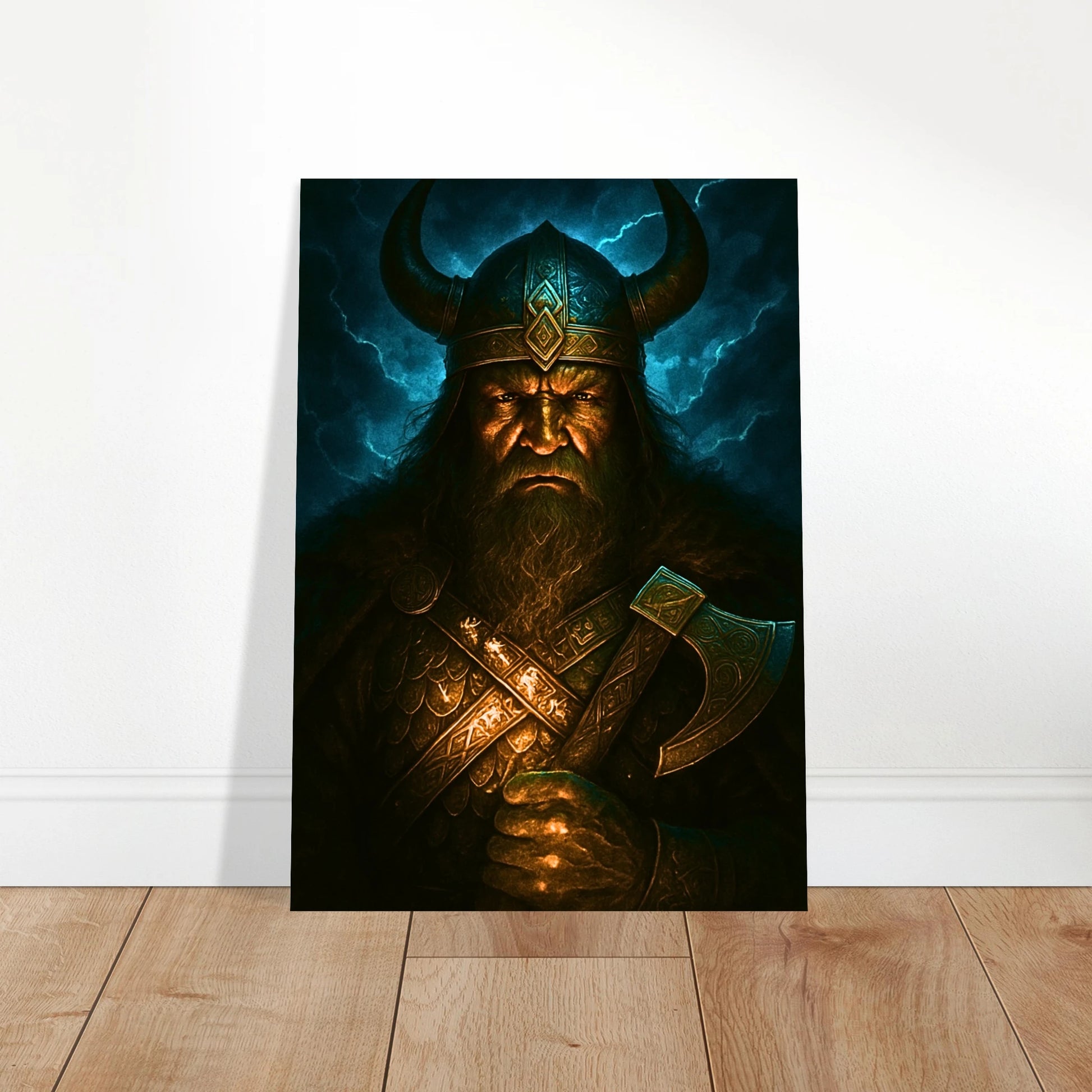 Viking warrior fantasy art poster leaning against wall, dark blue storm clouds background