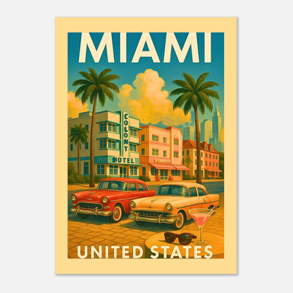 „Vintage Miami Poster – dekoratives United States Art Print mit Art Deco Architektur und tropischem Flair“