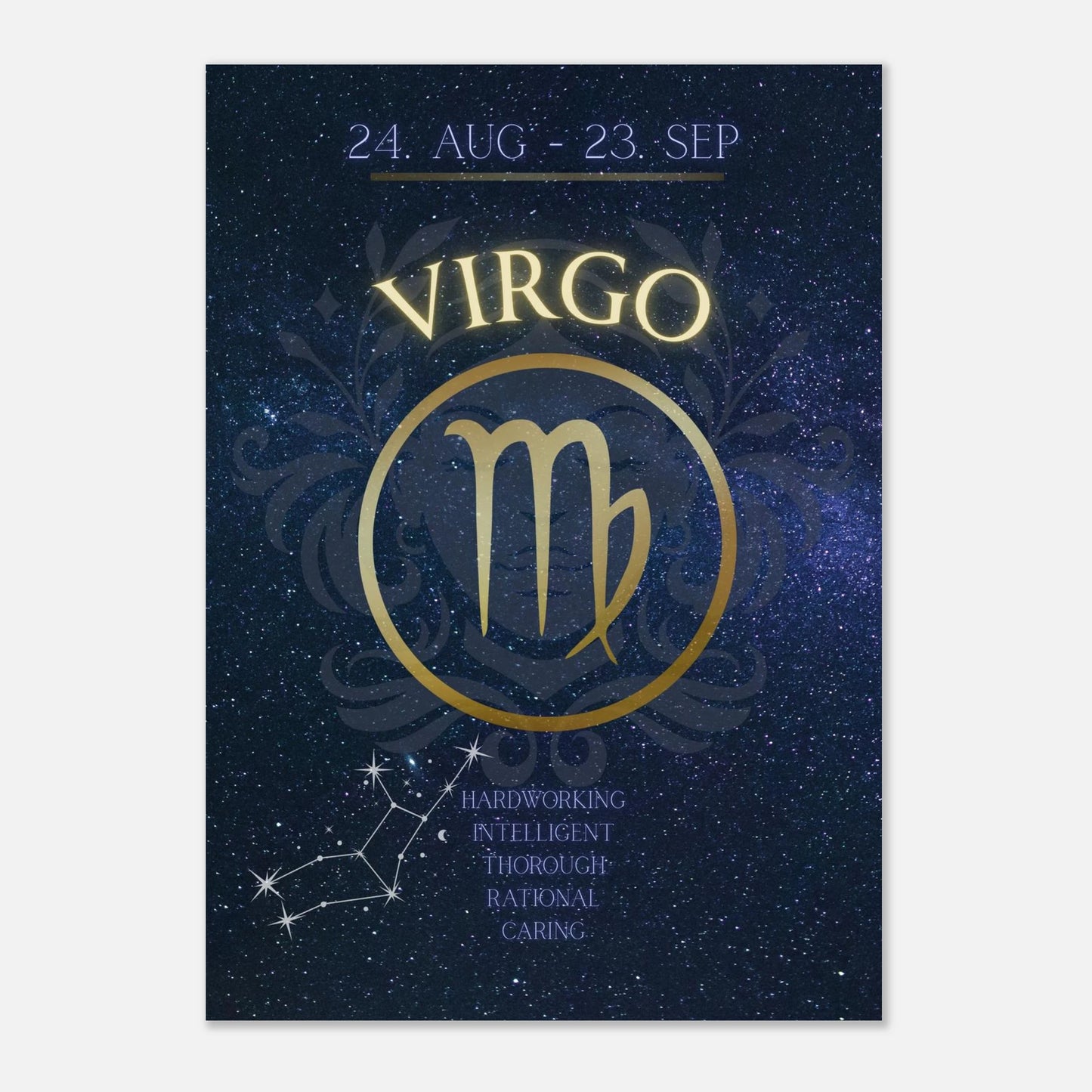 Astrologisches Virgo Sternzeichen-Poster – Wandbild mit Sternbild-Konstellation und luxuriösem Design in Blau-Gold