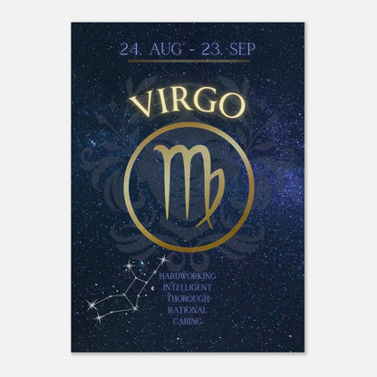 Astrologisches Virgo Sternzeichen-Poster – Wandbild mit Sternbild-Konstellation und luxuriösem Design in Blau-Gold