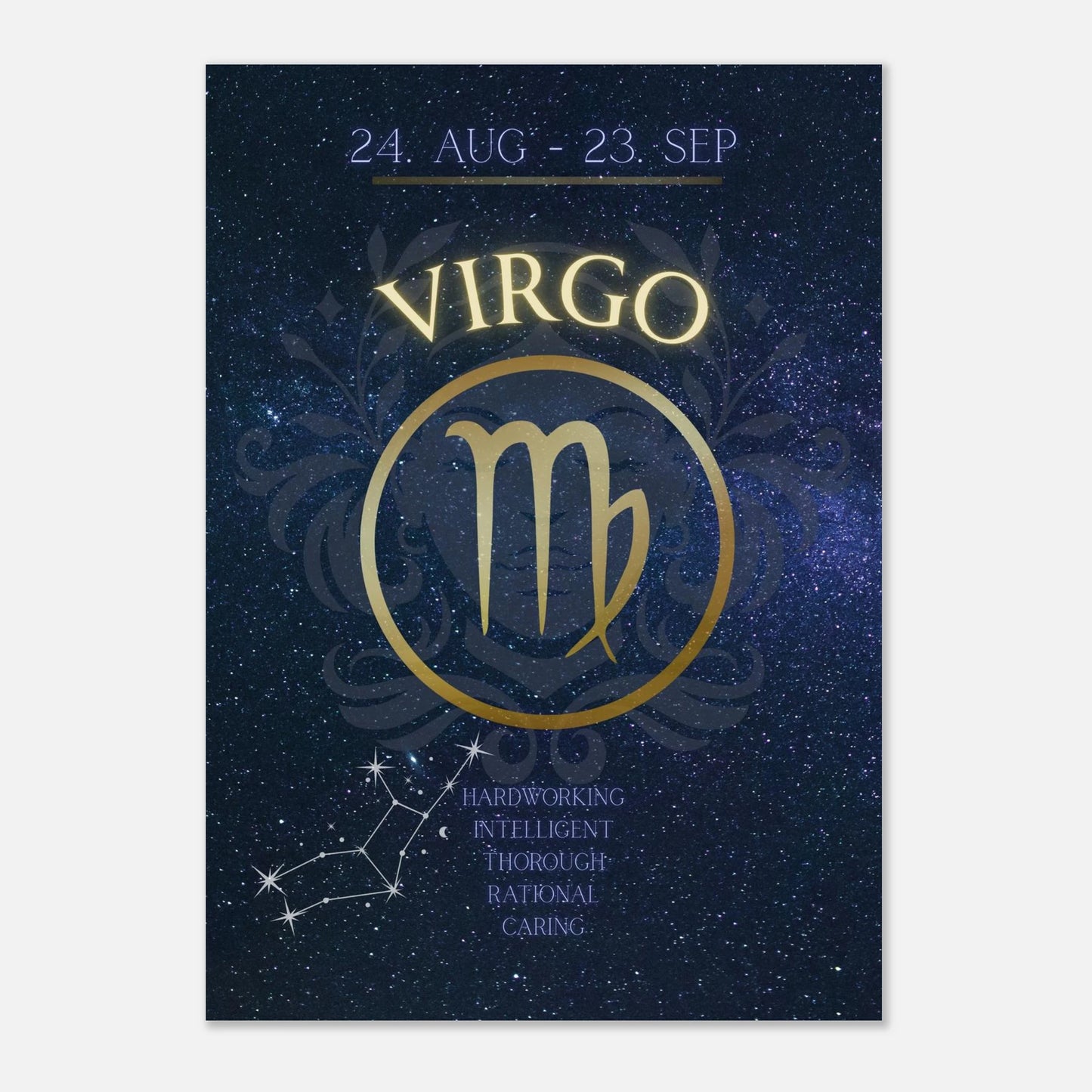 Modernes Virgo Sternzeichen Poster – astrologische Wanddeko mit Jungfrau-Symbol und Sternbild für Erdzeichen-Geborene