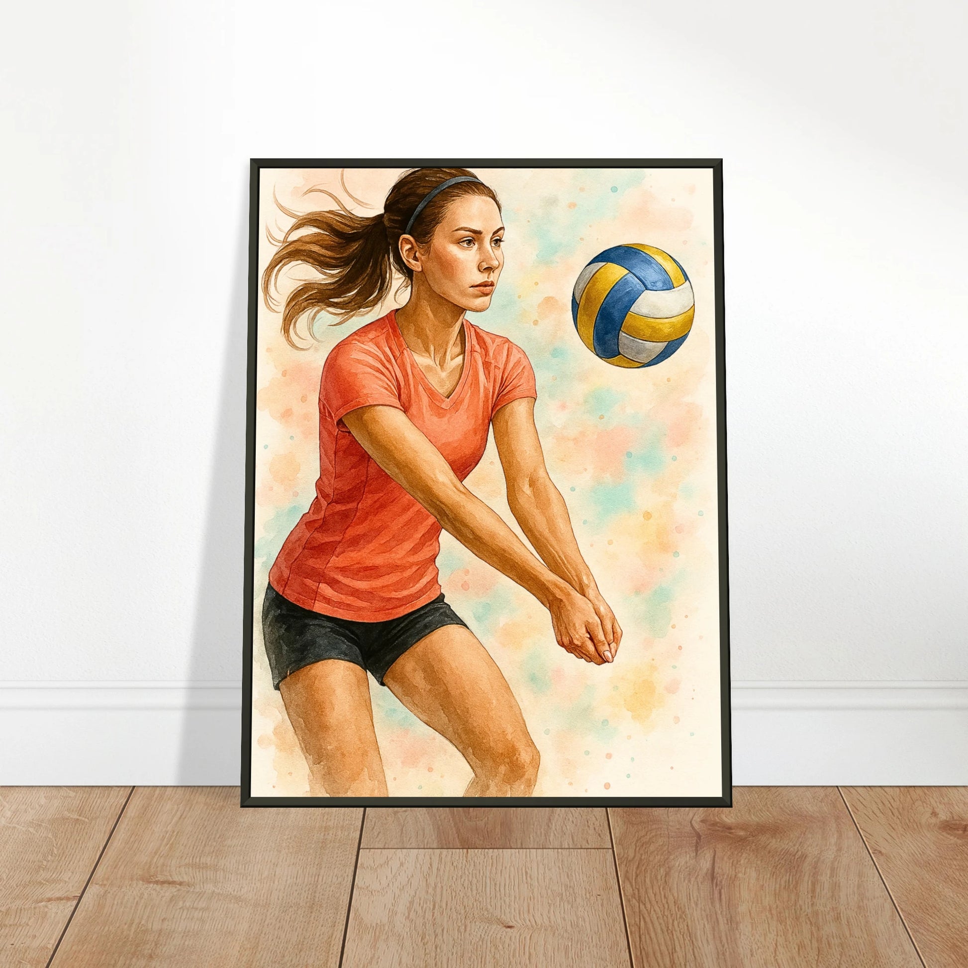 „Power & Grace“ Volleyball Poster an die Wand gelehnt – sportliche Aquarellkunst mit warmer Farbpalette | DEFA Designs