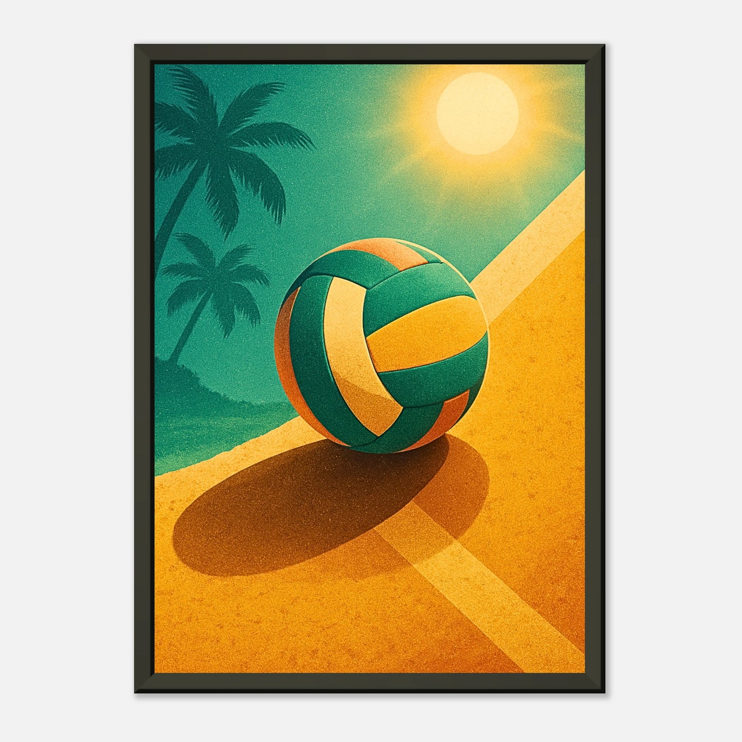 Modernes Beach Volleyball Wandbild mit Palmen, Sonne und Sand | Eleganter schwarzer Metallrahmen | DEFA Designs