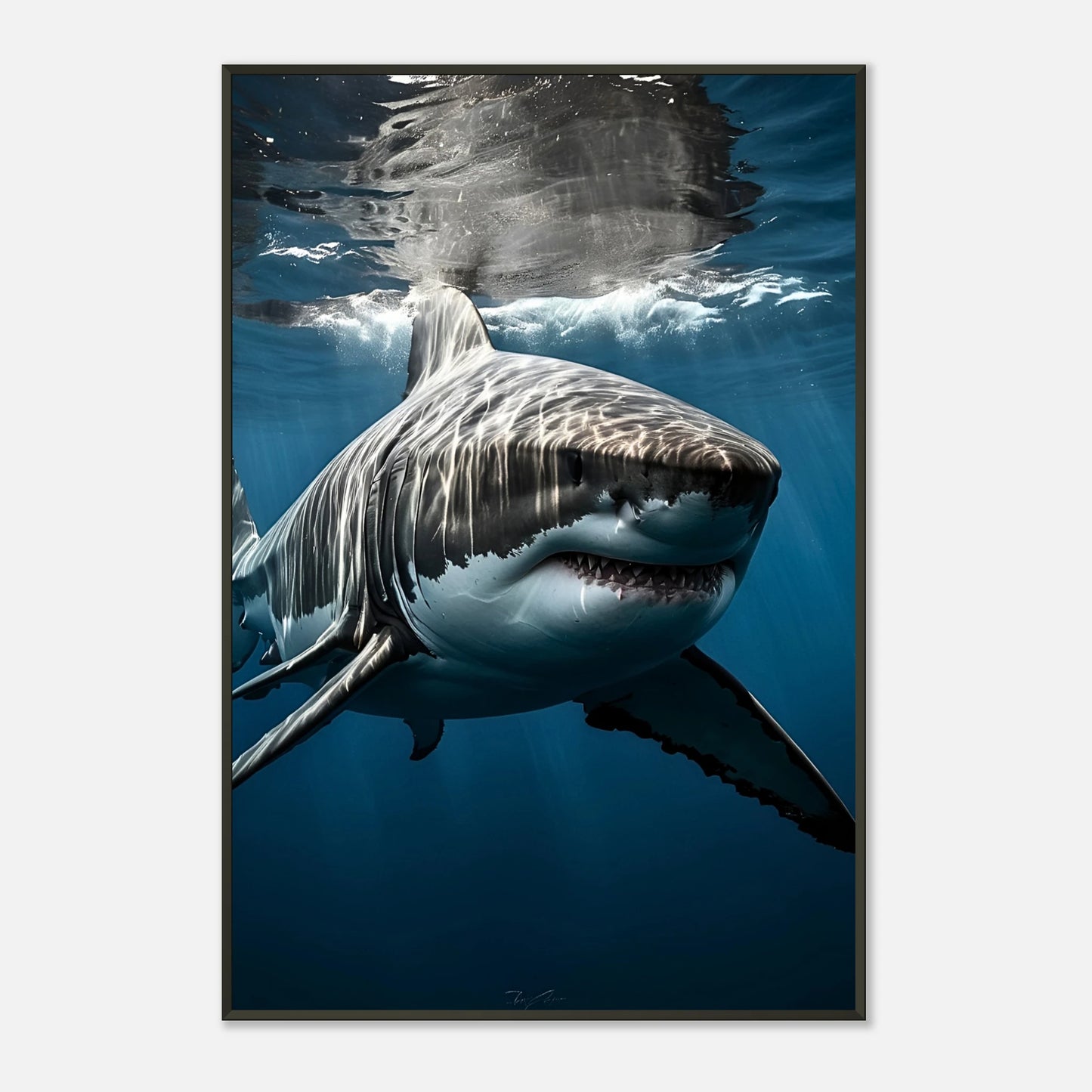 Nahaufnahme vom Depth Hunter Poster – Weißer Hai im klaren Wasser, beeindruckende Ozeanillustration im schwarzen Metallrahmen | DEFA Designs