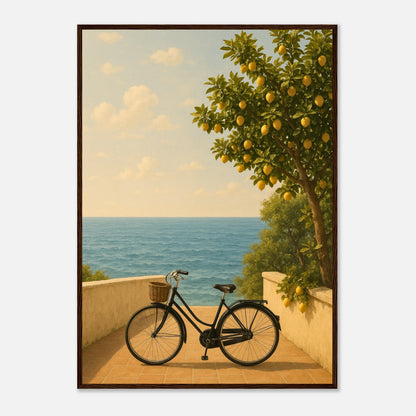 Where Lemons Grow Poster im dunkelbraunen Holzrahmen – stilvolles mediterranes Wandbild mit Zitronenbaum und Meerblick. Italienische Sommerkunst von Defa Designs.