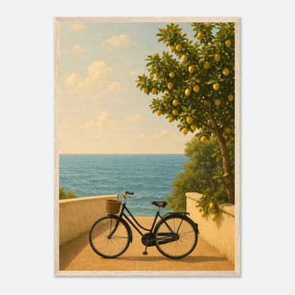 Where Lemons Grow Poster im hellbraunen Holzrahmen – mediterranes Kunstposter mit sonnigem Zitronenbaum und Meeresblick. Premium Qualität von Defa Designs.