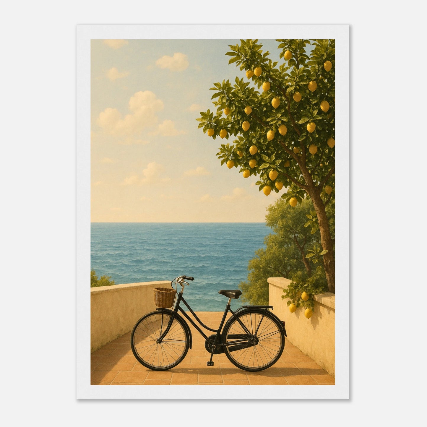 Where Lemons Grow Poster im weißen Rahmen – mediterrane Wandkunst mit Zitronenbaum, Meer und Sonne. Sommerliches Design für helle Wohnräume von Defa Designs.