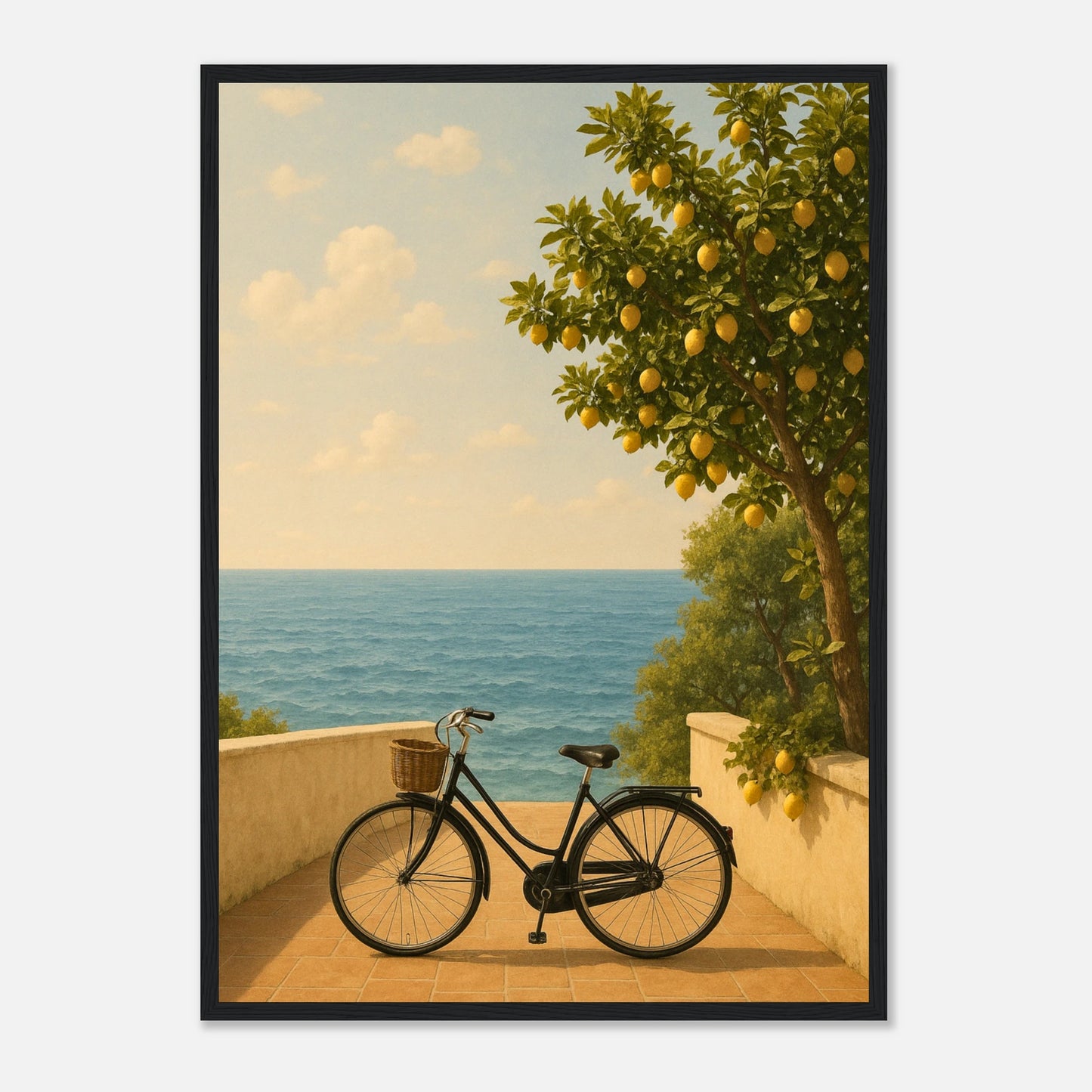 Where Lemons Grow Poster im schwarzen Rahmen – elegantes Sommer-Wandbild mit Zitronenbaum am Meer. Mediterrane Wanddekoration von Defa Designs.