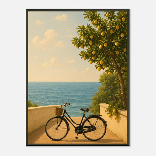 Where Lemons Grow Mediterranean coastal wall art in black metal frame, bicycle by the sea under citrus trees, warm summer home decor poster