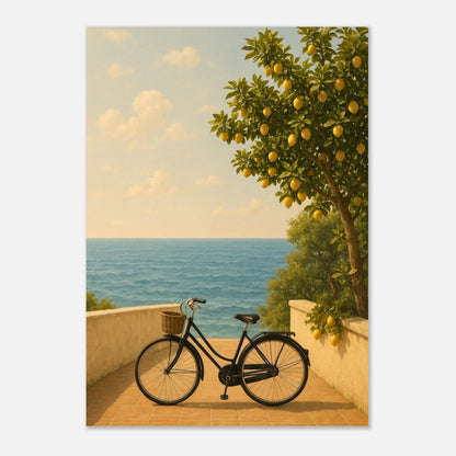 Where Lemons Grow poster – Mediterranean wall art print with lemon tree, ocean view and bicycle