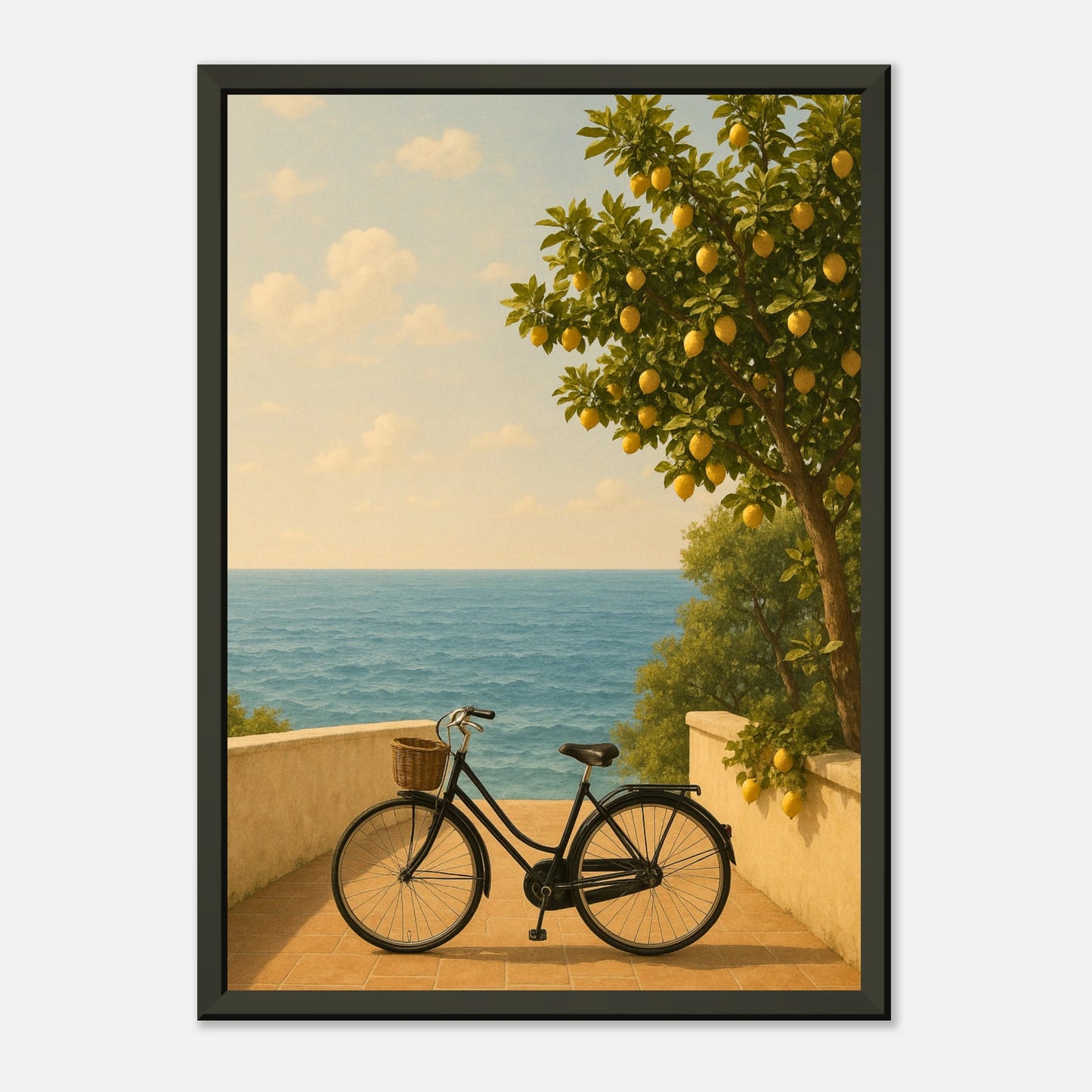 Where Lemons Grow Mediterranean wall art in black metal frame, summer seaside bicycle poster for modern interiors