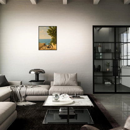 Where Lemons Grow Mediterranean coastal poster in modern living room, black metal frame bicycle sea wall art