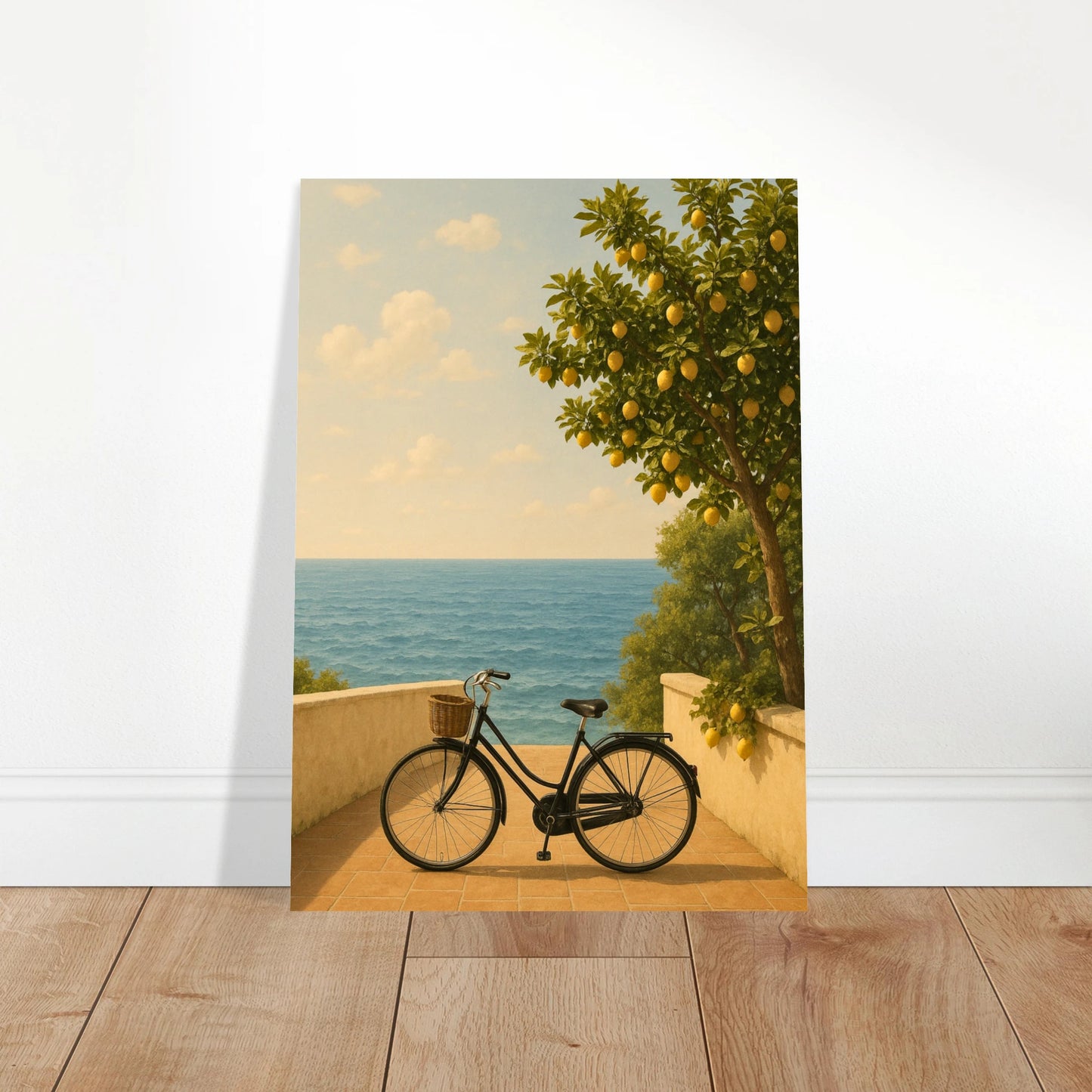 Where Lemons Grow wall art poster leaning on floor – Mediterranean print with lemons and sea view
