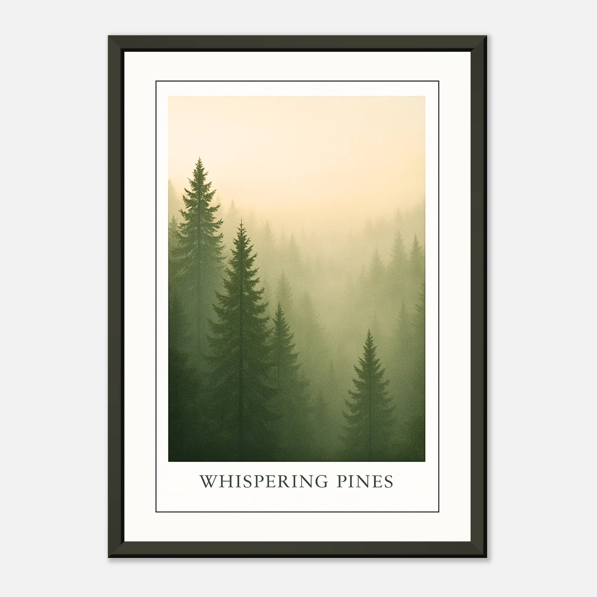 Whispering Pines Poster – schwarzer Metallrahmen mit sanfter Lichtreflexion auf Glas, mystischer Nebelwald für moderne Wohnräume.