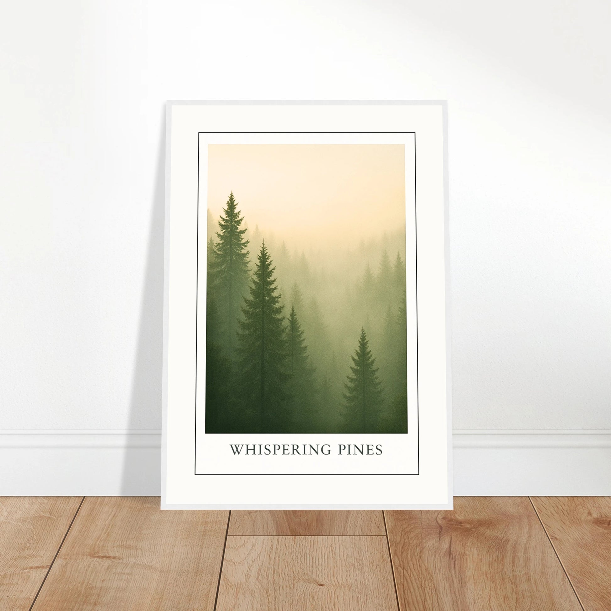 Whispering Pines Poster – Waldmotiv im Nebel angelehnt an Wand, moderne und ruhige Wanddeko
