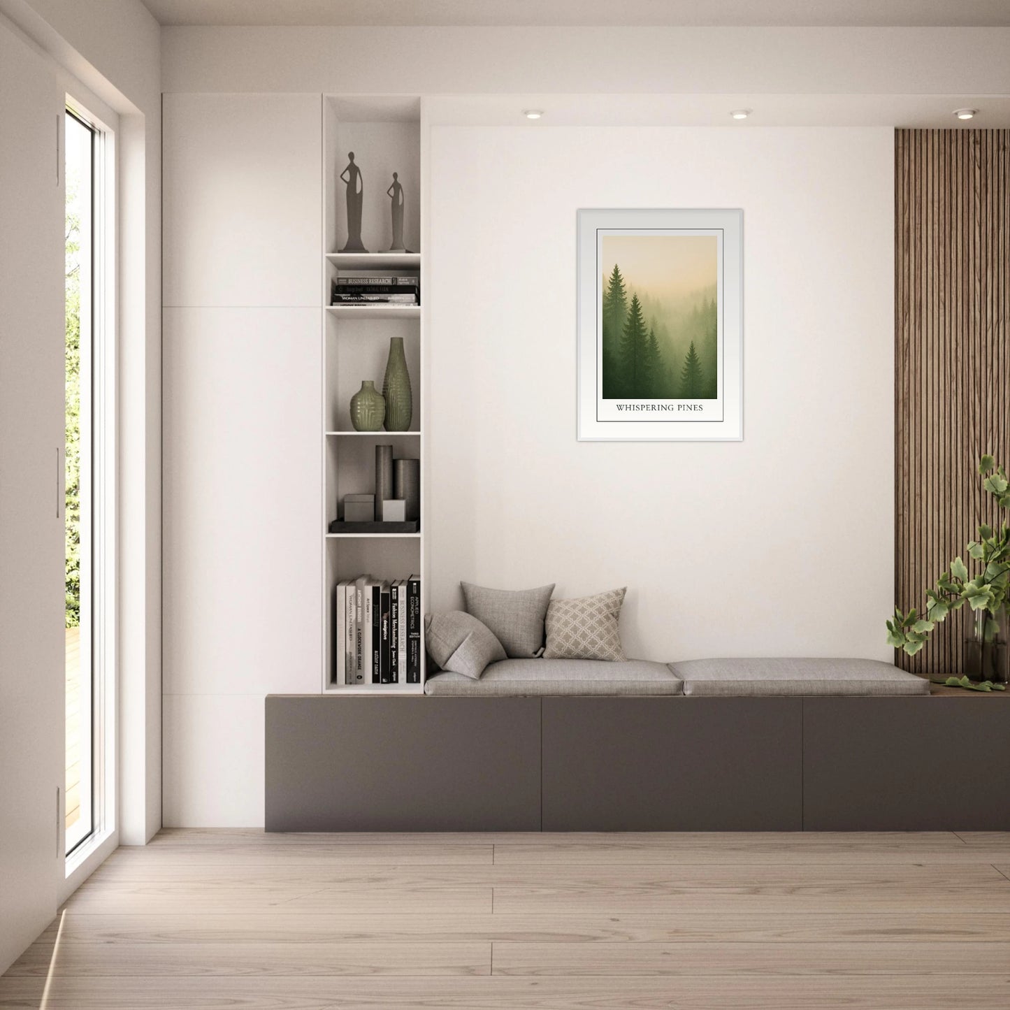 Whispering Pines Poster – stimmungsvolles Nebelwald Poster aufgehängt an heller Wand