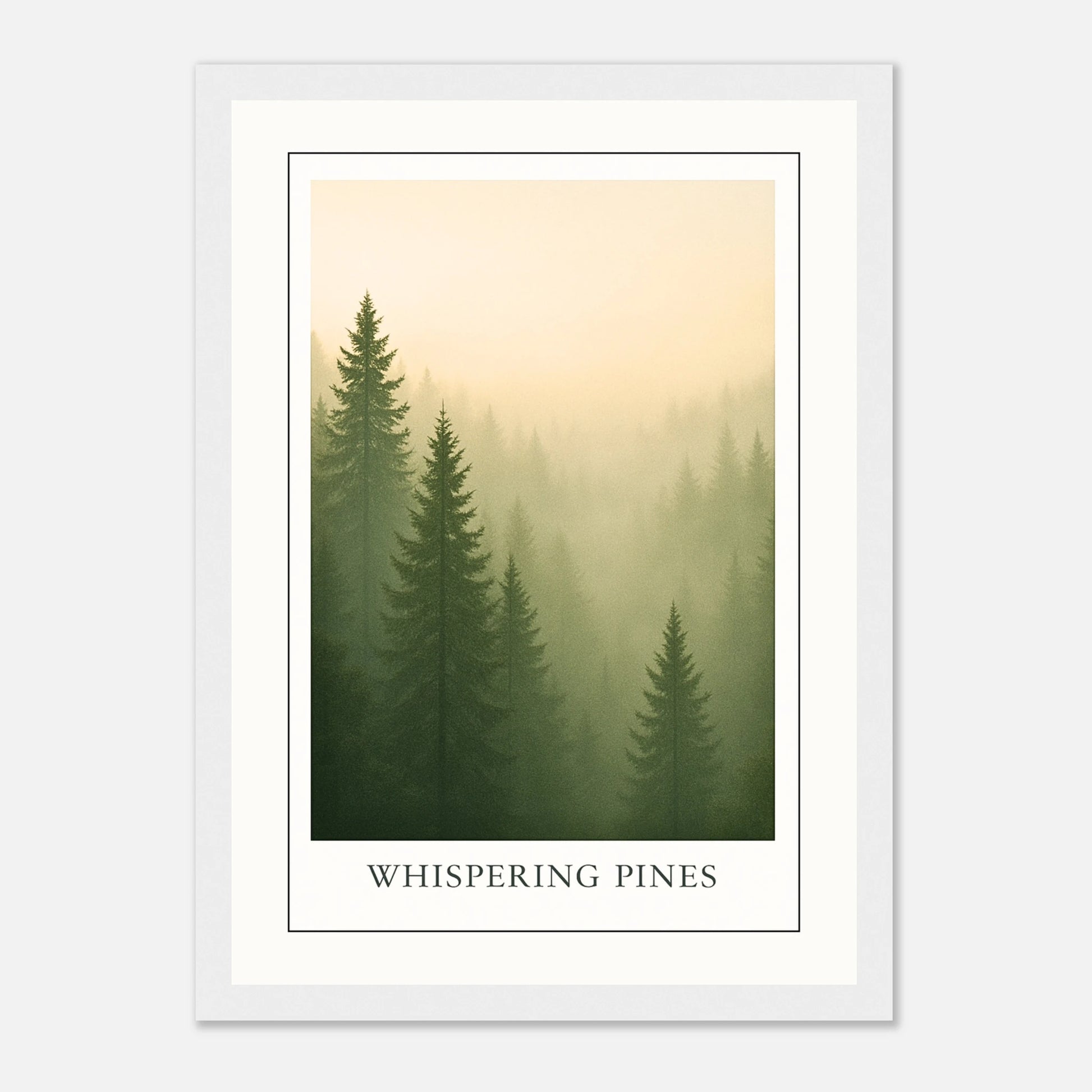 Whispering Pines Poster mit weißem Holzrahmen – elegantes Nebelwald Poster für helle Räume