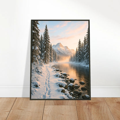 Whispers of Winter Poster an die Wand gelehnt – winterliche Landschaft mit Bergen, Fluss und Morgensonne, ruhiges Naturbild für stilvolle Innenräume.