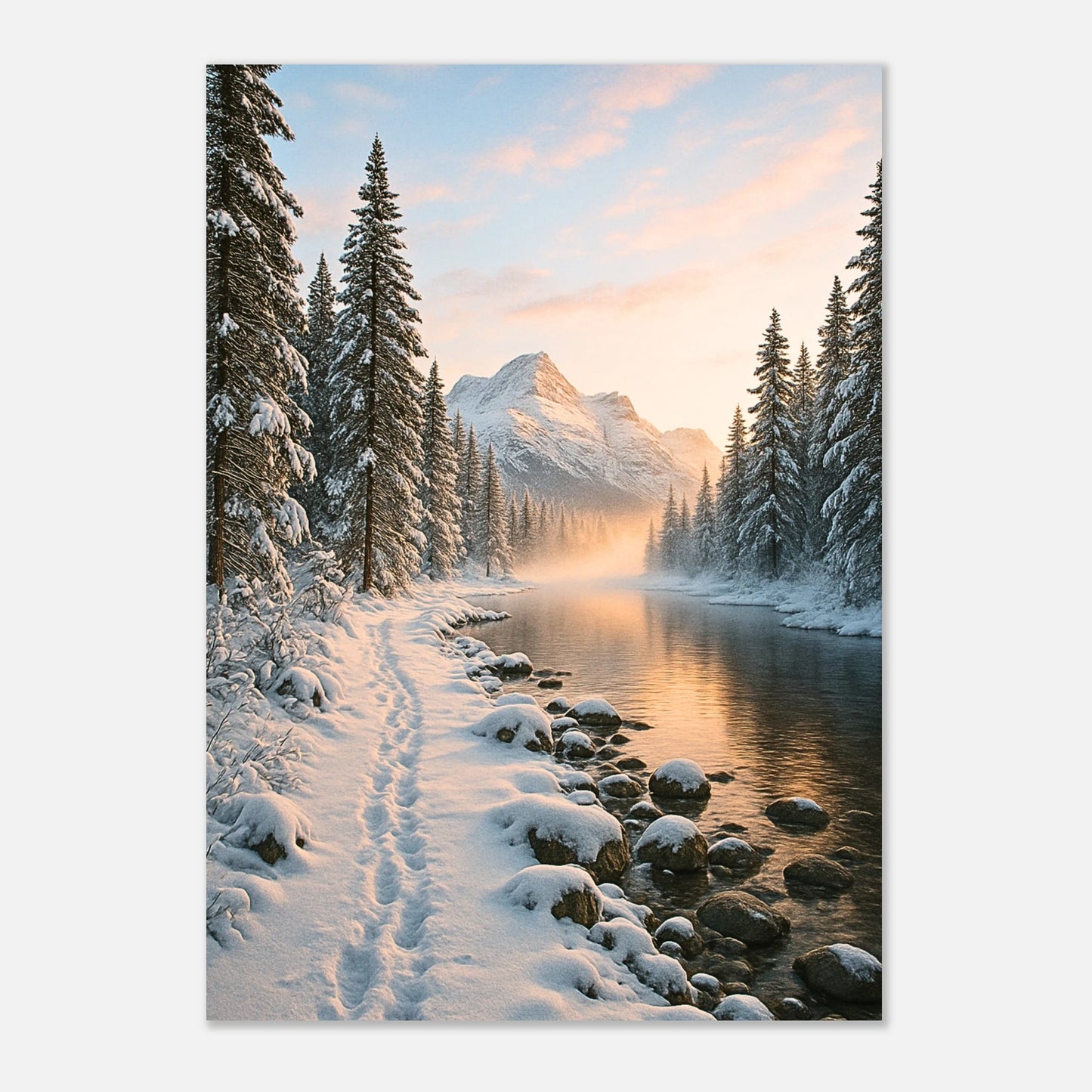 „Poster 'Whispers of Winter' mit verschneitem Wald, Fluss und Bergen im Hintergrund“